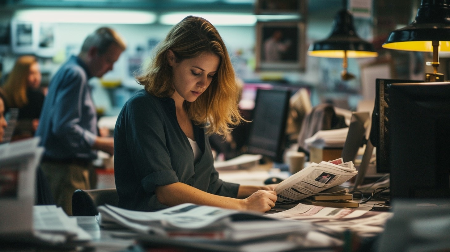 A girl having a workload of papers filling up