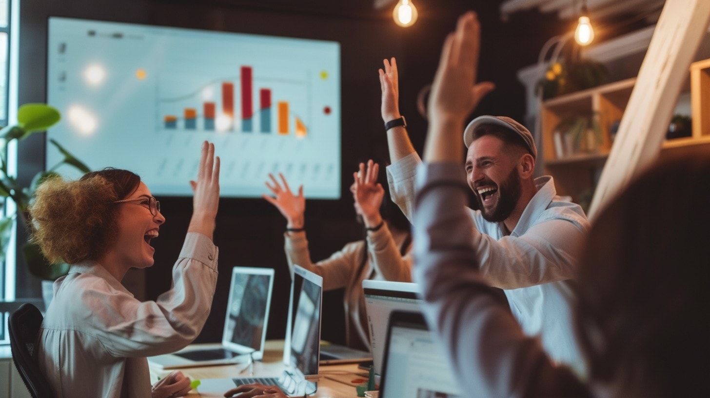 A group of people celebrating for success