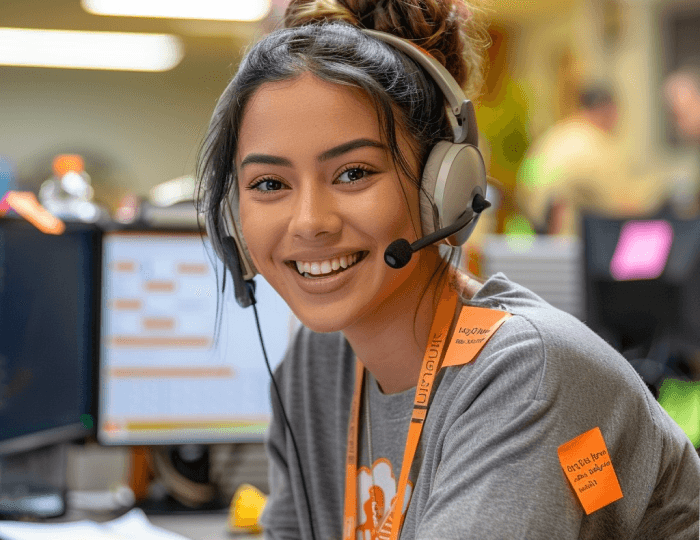 An asian girl on her headphones in an office